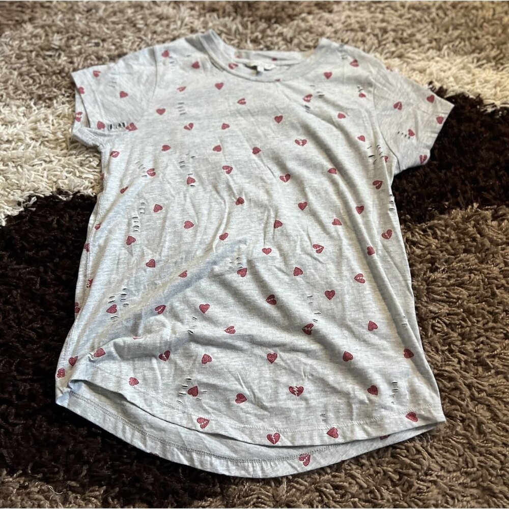 LUCKY BRAND Gray Crew Neck Red Hearts Short Sleeve Soft Cotton T-Shirt Size XS